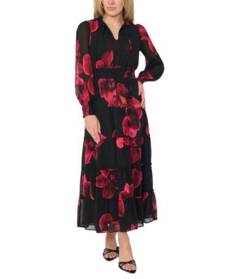 Petite Tie Neck Tiered Long-Sleeve Maxi Dress