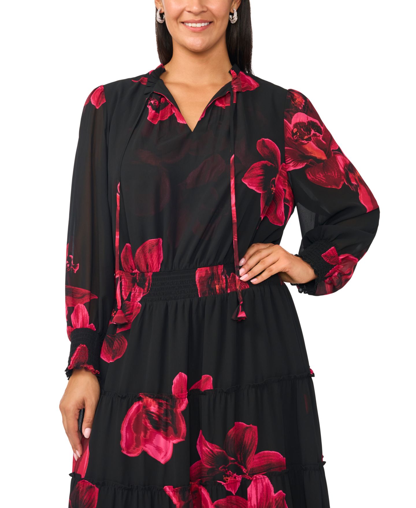 Женское платье MSK Plus Size Floral Long-Sleeve Smocked-Waist Maxi, цвет: Cordovan — фото 2