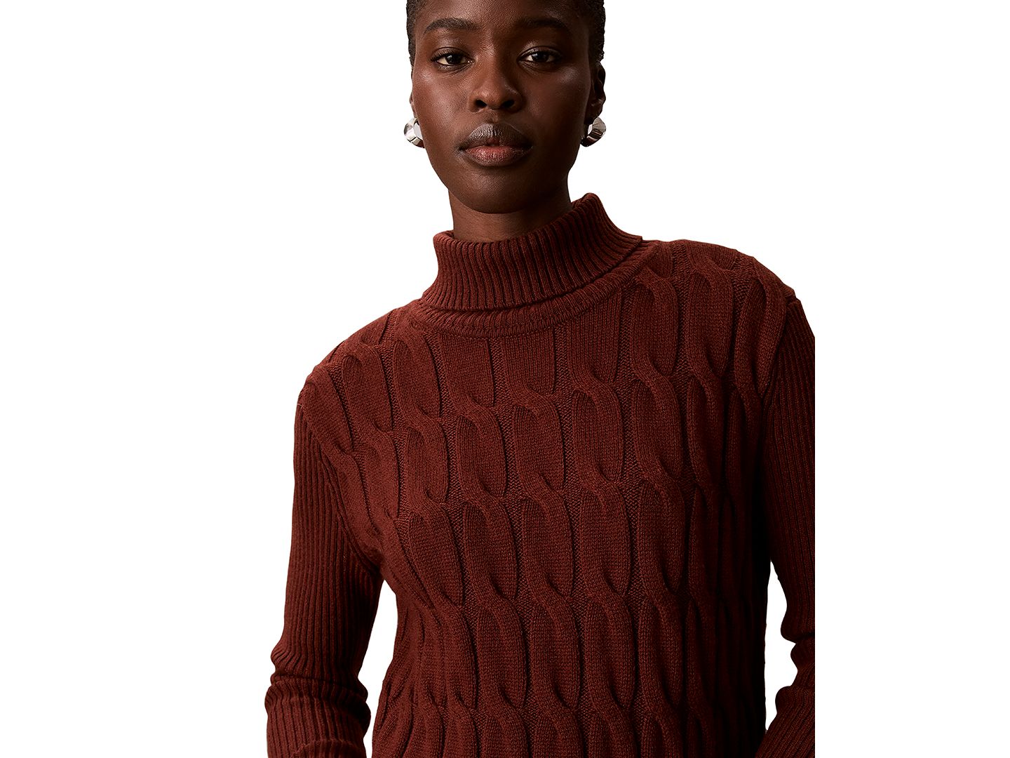 Женский свитер Calvin Klein Lux Cable Knit Wool-Blend Turtleneck, цвет: Красное дерево красный — фото 4