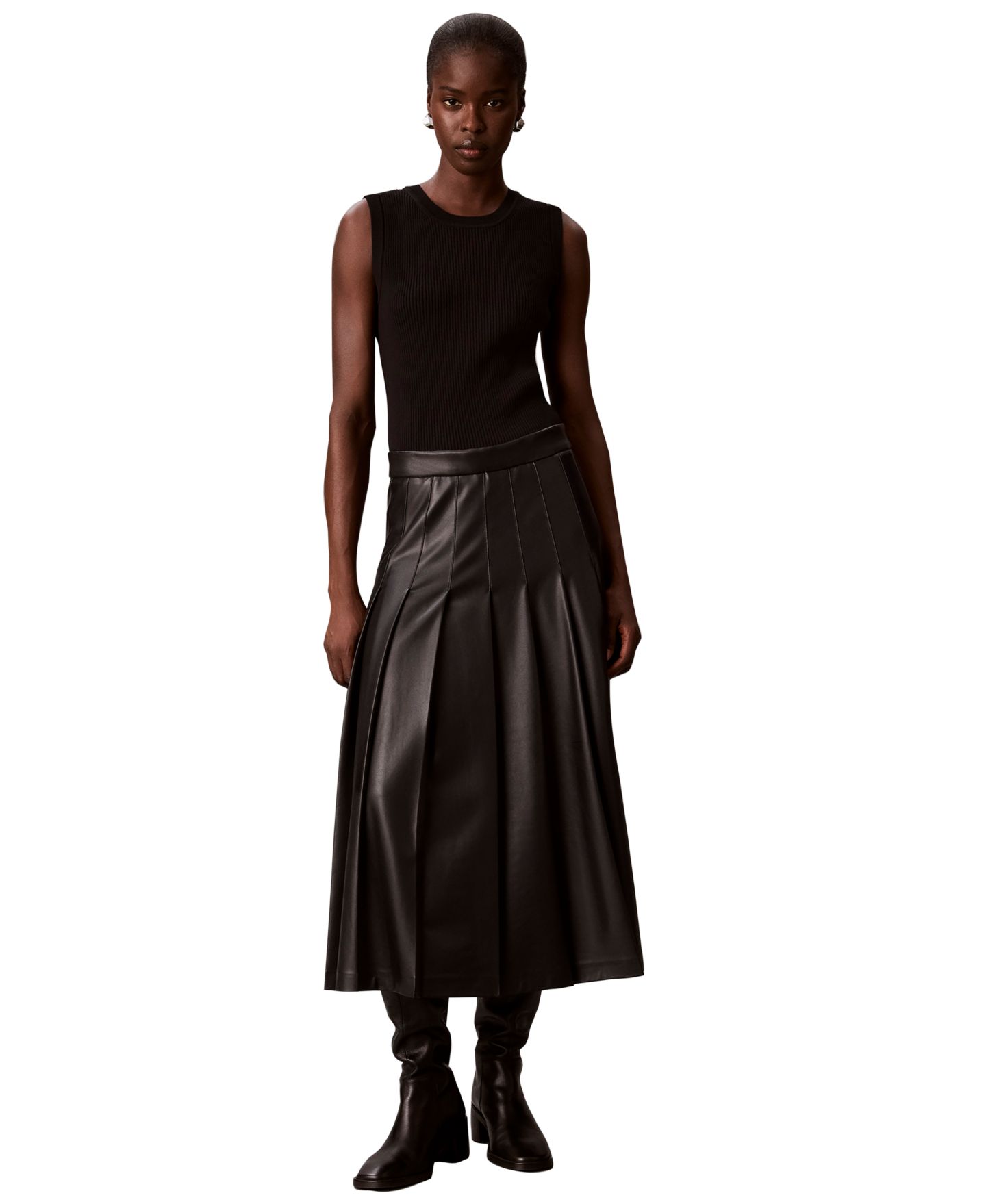 Женская юбка Calvin Klein Pleated Midi High-Waisted Faux Leather, цвет: Чёрный — фото 2
