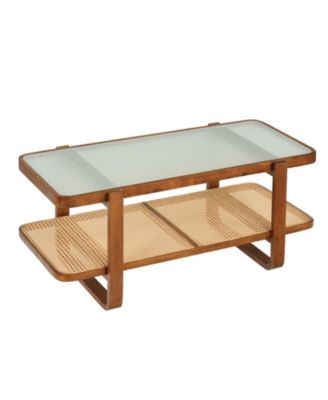 Woven Rattan-Accent Frosted Glass-Top Coffee Table