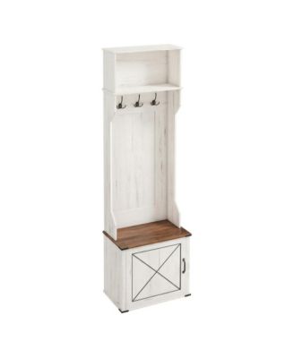 Entryway Coat Rack with Storage Bench, Farmhouse Shoe Organizer, Sliding Door, 6 Hooks, Space Saving