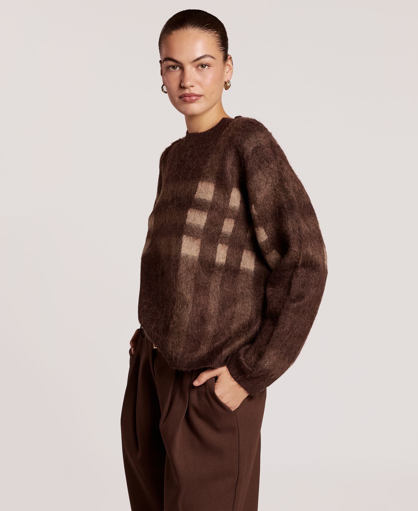 Женский свитер 4th & Reckless Noah Plaid Long-Sleeve Loose-Fit, цвет: Шоколадный — фото 3