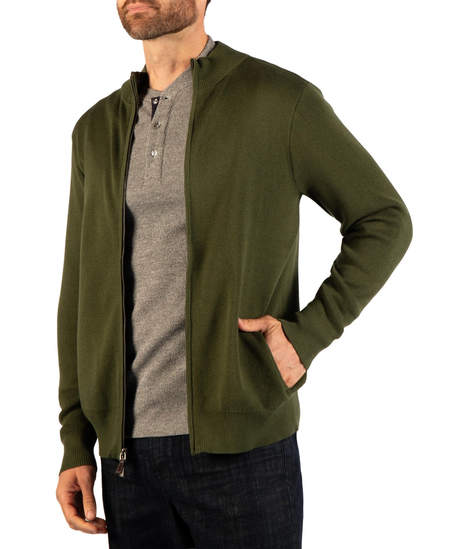 Мужской свитер Tailorbyrd Fine Knit Full Zip, цвет: Армейский зелёный — фото 3