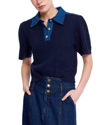 Women's Nash Cable-Knit Puff-Sleeve Denim-Collar Polo Shirt