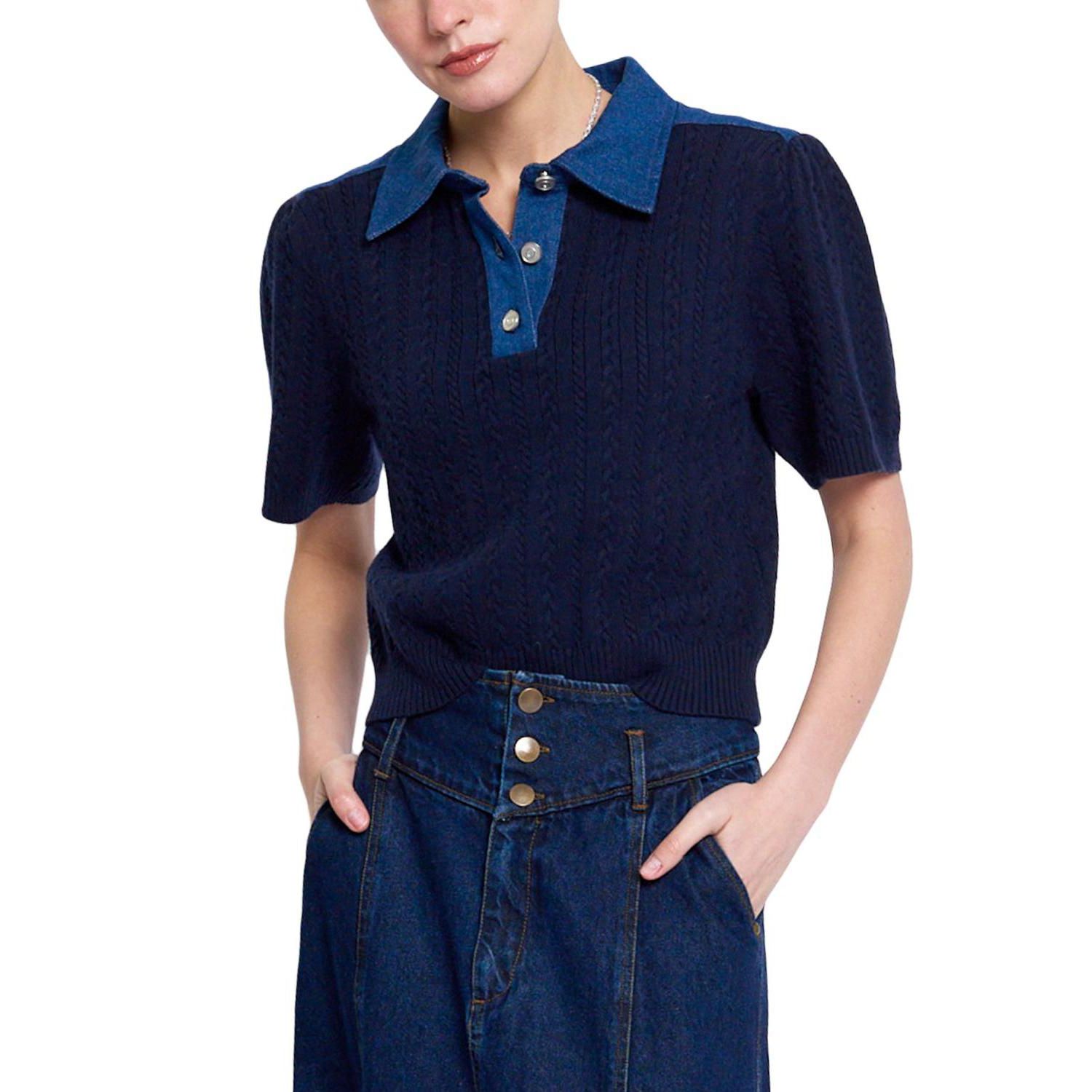 Women's Nash Cable-Knit Puff-Sleeve Denim-Collar Polo Shirt