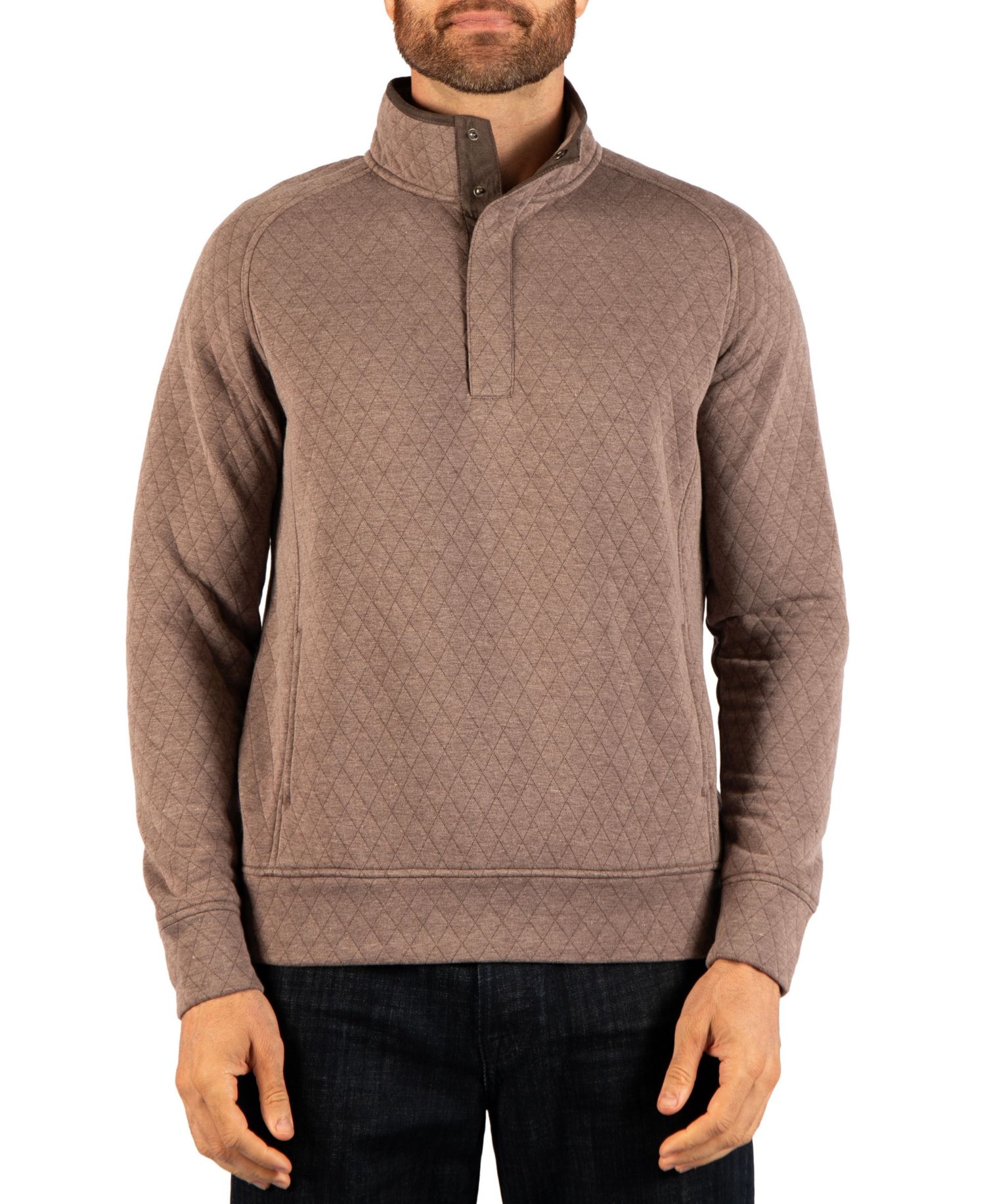Men's Quilted Knit Hidden Snap Pullover with Suede Trim Sweaters