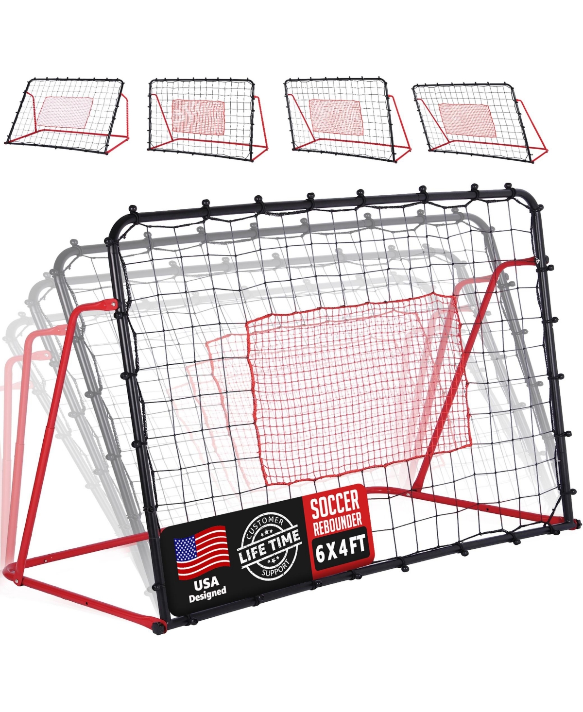 Zealfeel 6x4FT Soccer Rebounder Net - Kickback Trainer with 10 Angles (55deg-120deg) for Passing, Ball Control and Volley Practice, Portable Net