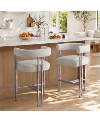 Upholstered Counter Stools Set of 2, Chenille Upholstery, Low Back with Arms, Open Tripod Metal Base, 25" Seat Height