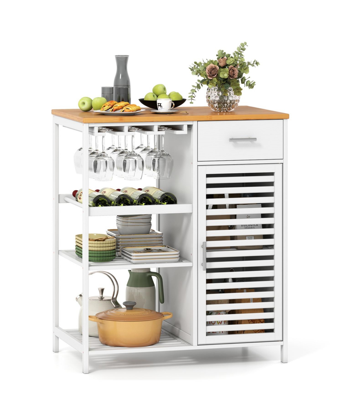 Mecale Coffee Bar Cabinet with Glass Holder Wine Rack and Bamboo Top