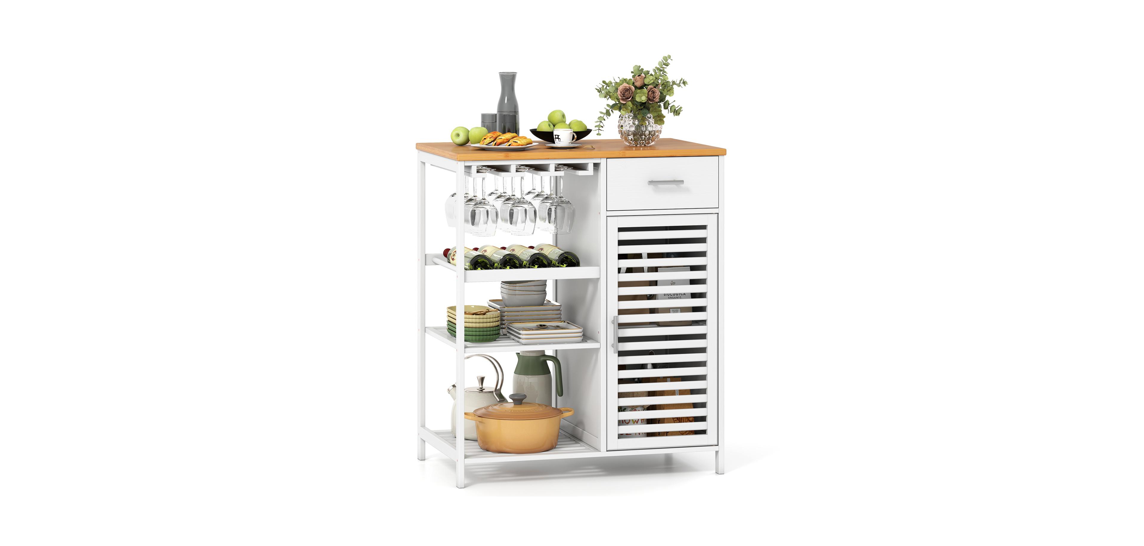 Mecale Coffee Bar Cabinet with Glass Holder Wine Rack and Bamboo Top