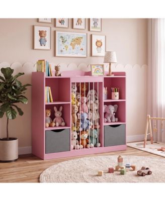 Kids Stuffed Animal Storage Organizer with Book Shelf & Elastic Cord Toy Holder - Multi-Functional Playroom Cabinet with Anti-Tip Safety