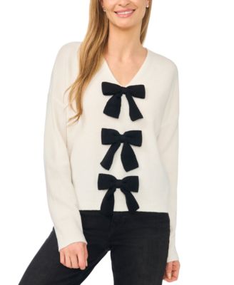 Women's Contrast Bow Detail V-Neck Long Sleeve Sweater