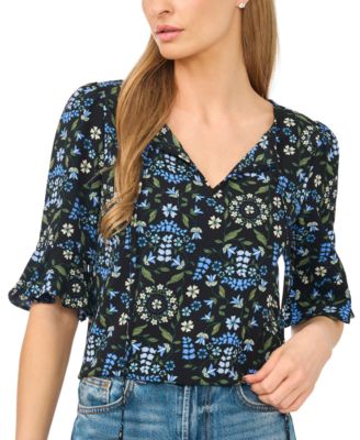 Women's Floral-Print Split-Tie Neck Ruffle-Cuff 3/4-Sleeve Blouse