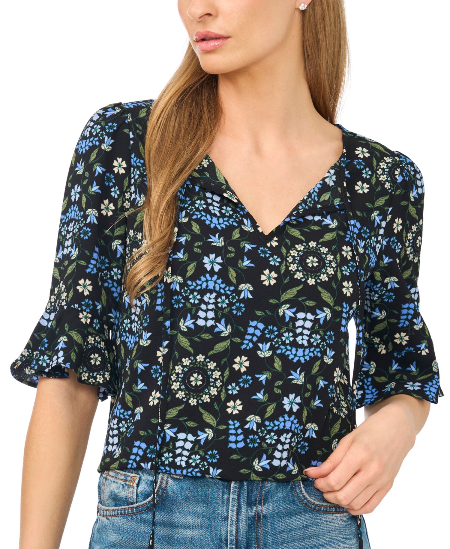 Women's Floral-Print Split-Tie Neck Ruffle-Cuff 3/4-Sleeve Blouse