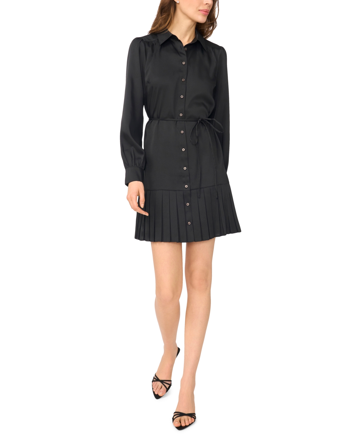 CeCe Women's Long-Sleeve Button-Down Pleated Mini Dress - Rich Black