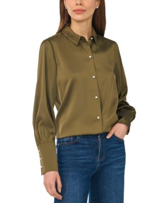 Women's Luxe Satin Imitation Pearl Button Down Blouse