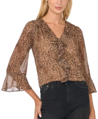 Women's Ruffled Long-Sleeve V-Neck Blouse