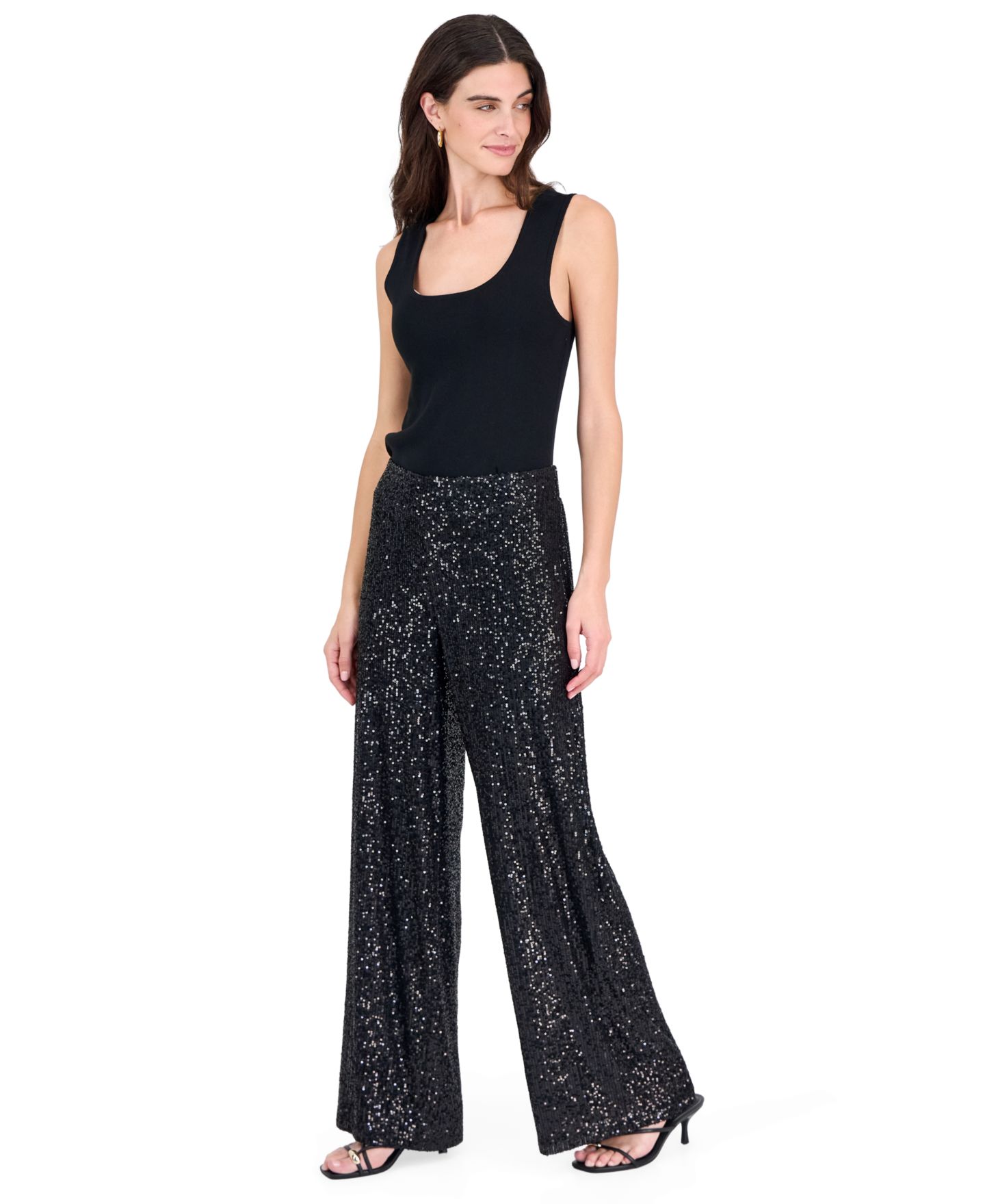 Женские брюки Tahari ASL Seqiin Wide-Leg Pull-On Sequin, цвет: Чёрный — фото 3