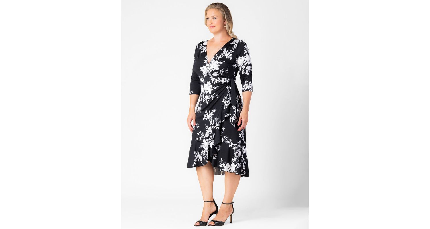 Plus Size Flirty Flounce Midi Wrap Dress with 3/4 Sleeves