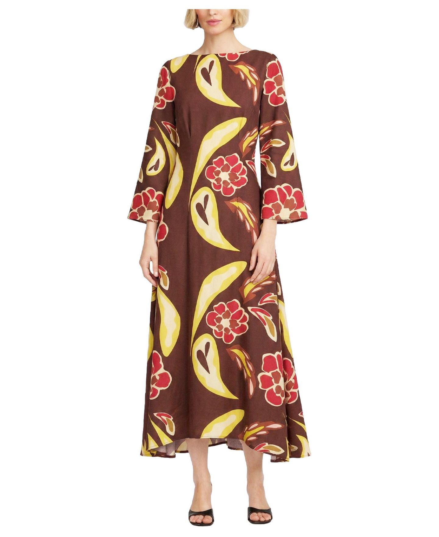 Женское платье ELLE Collection Long-Sleeve Floral-Print Boat Neck, цвет: Разноцветный коричневый — фото 1
