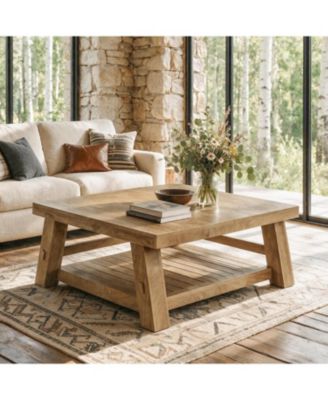 39.4-Inch Square Coffee Table, 2-Tier Wood Coffee Table