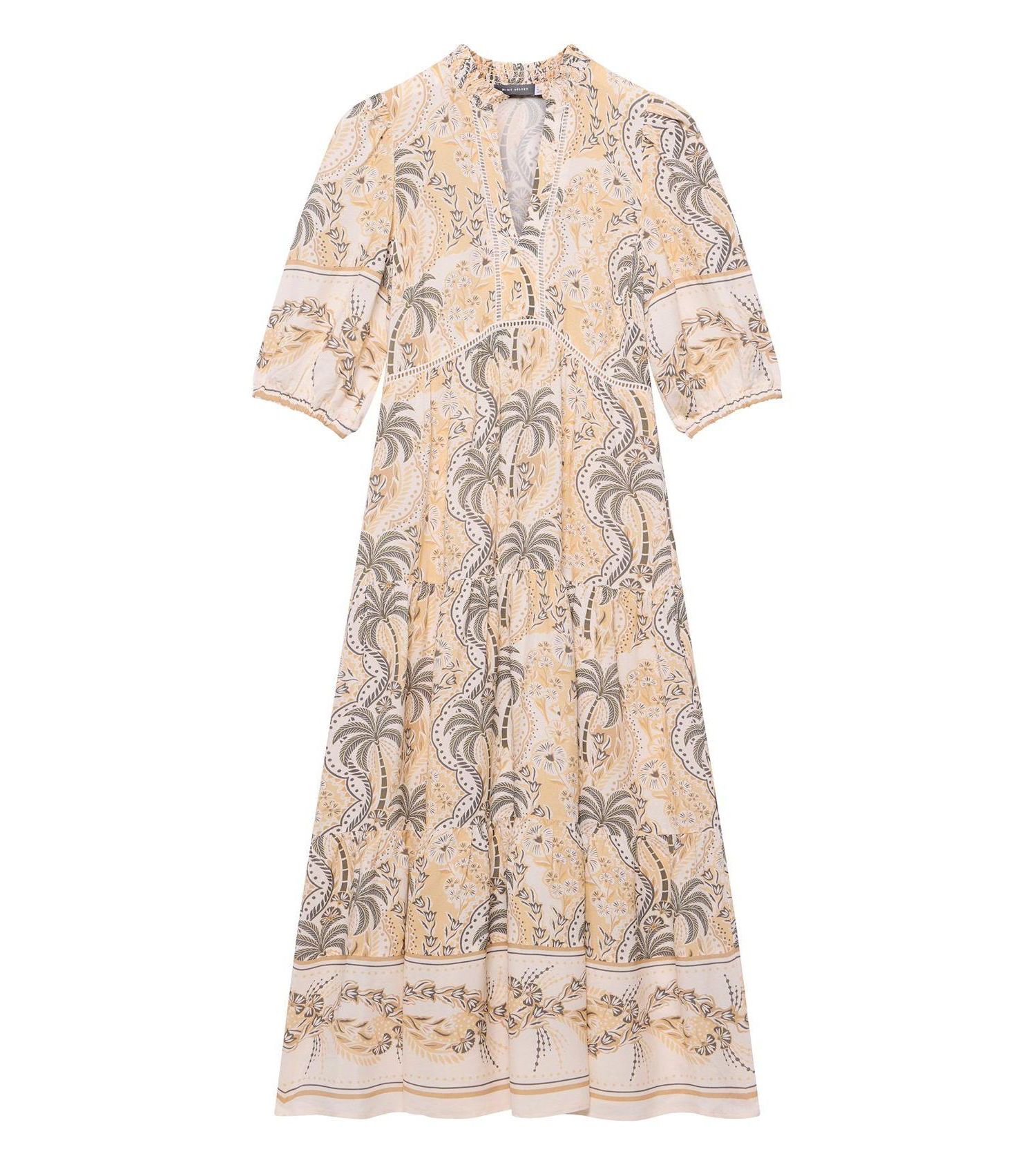 Women's Palm-Print V-Neck 3/4-Sleeve Maxi Dress