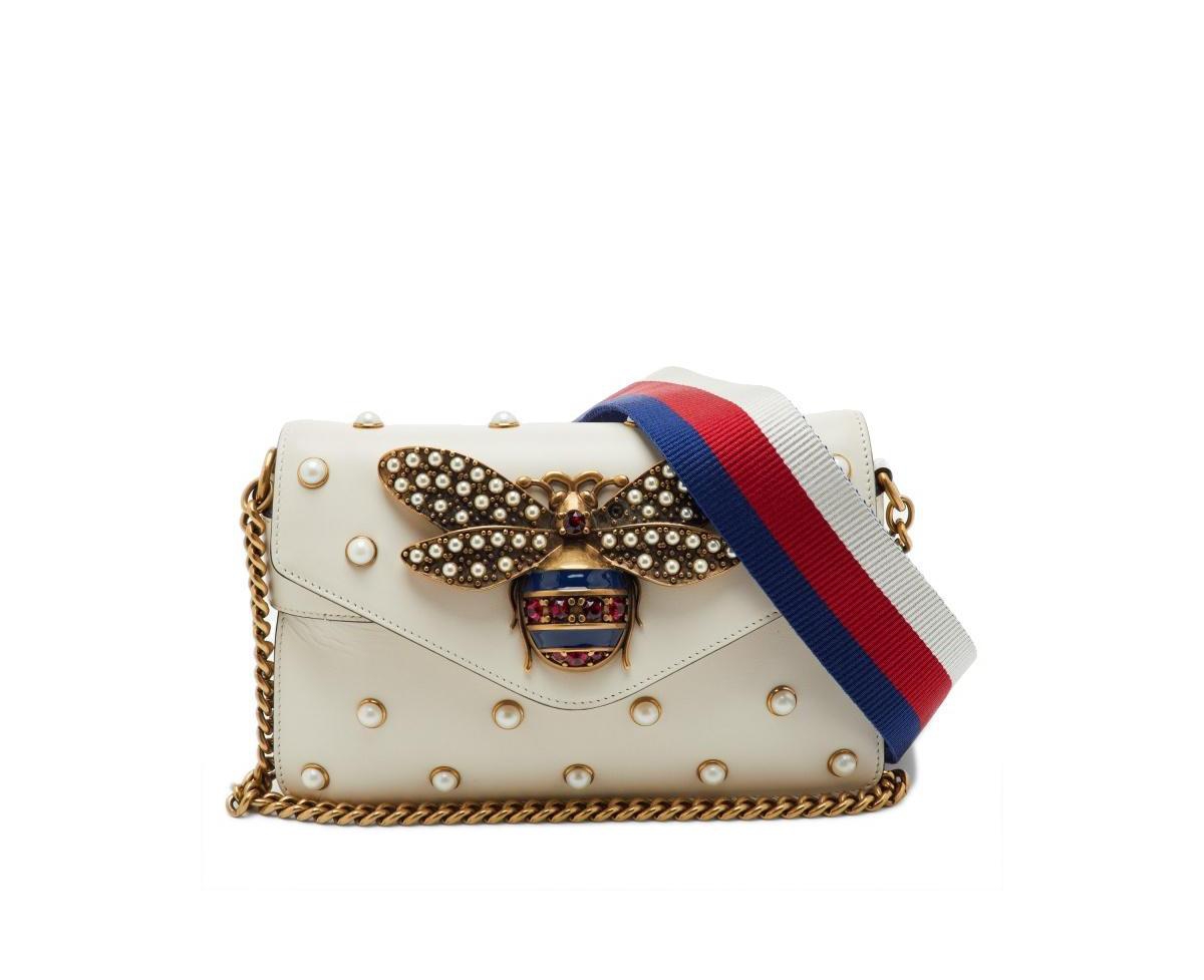 Pre-Owned Gucci Women's Mini Broadway Bee Pearl-Embellished Leather Shoulder Bag