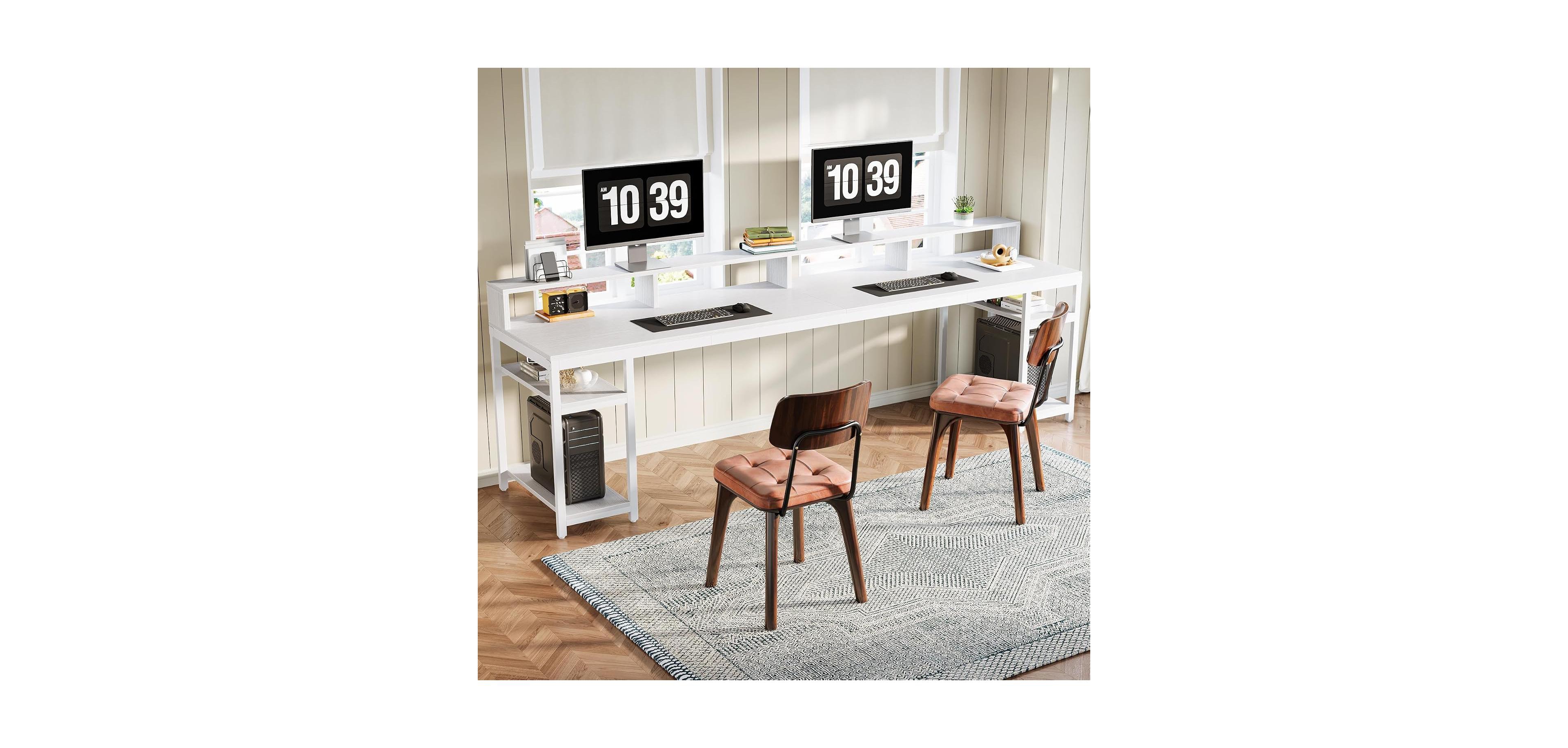 Tribesigns 78.74" Two-Person Desk with Monitor Stand and Shelves