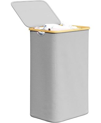 110L Laundry Hamper with Lid, Large Collapsible Tall Clothes Basket Bin with Bamboo Handles for Bedroom, Bathroom and Dorm