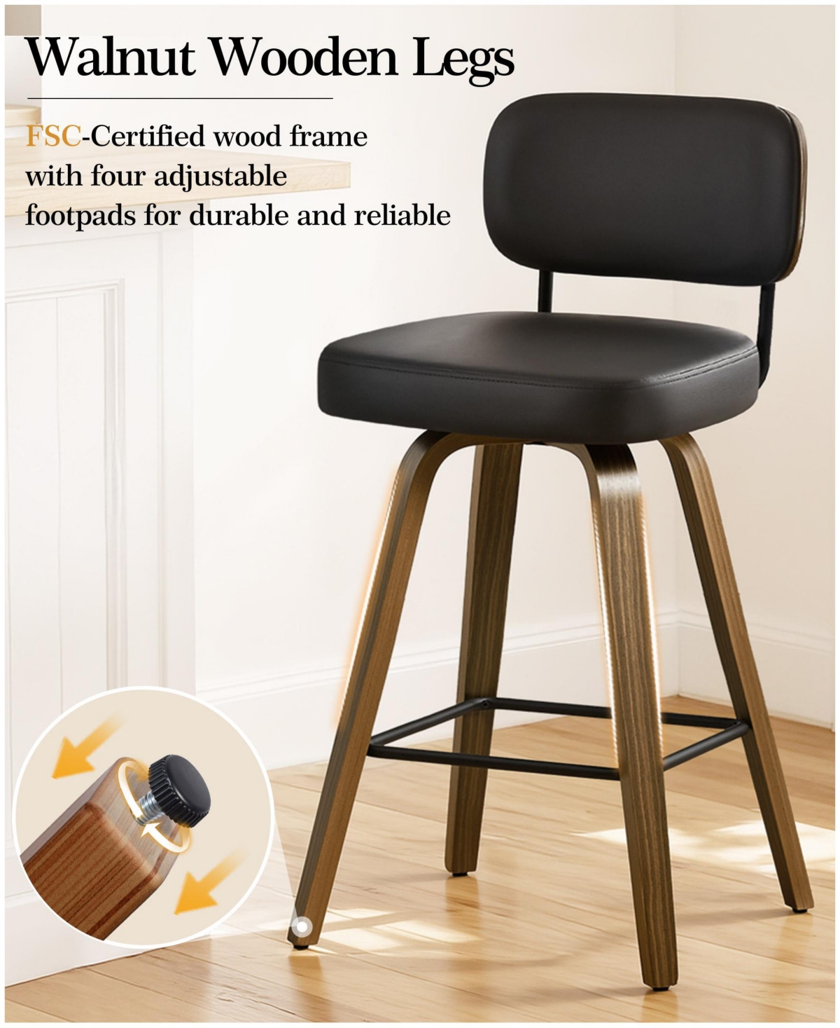 Bekrvio 29" Swivel Bar Stool, Pu Leather Back with Footrest and Solid Wood Frame, Height for Kitchen Island, Mid-Century Modern