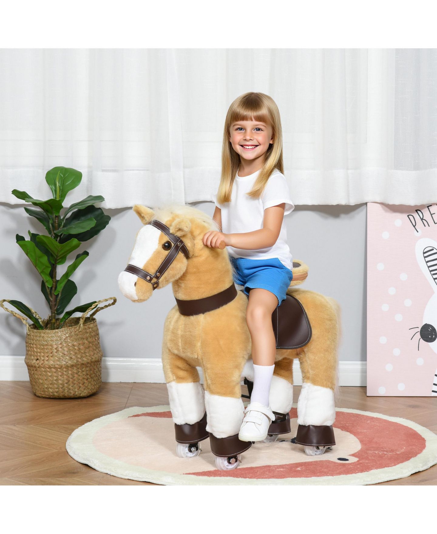 Детская мягкая игрушка Glintex Ride On Walking Horse Plush Toy with Pedal Drive and Steering Handlebars, Holds 130 lbs, Ages 3-8, цвет: Светлый коричневый — фото 2