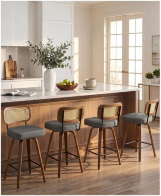 29" Mid-Century Swivel Bar Height Bar Stools, Rattan Back and Faux Leather Kitchen Stools