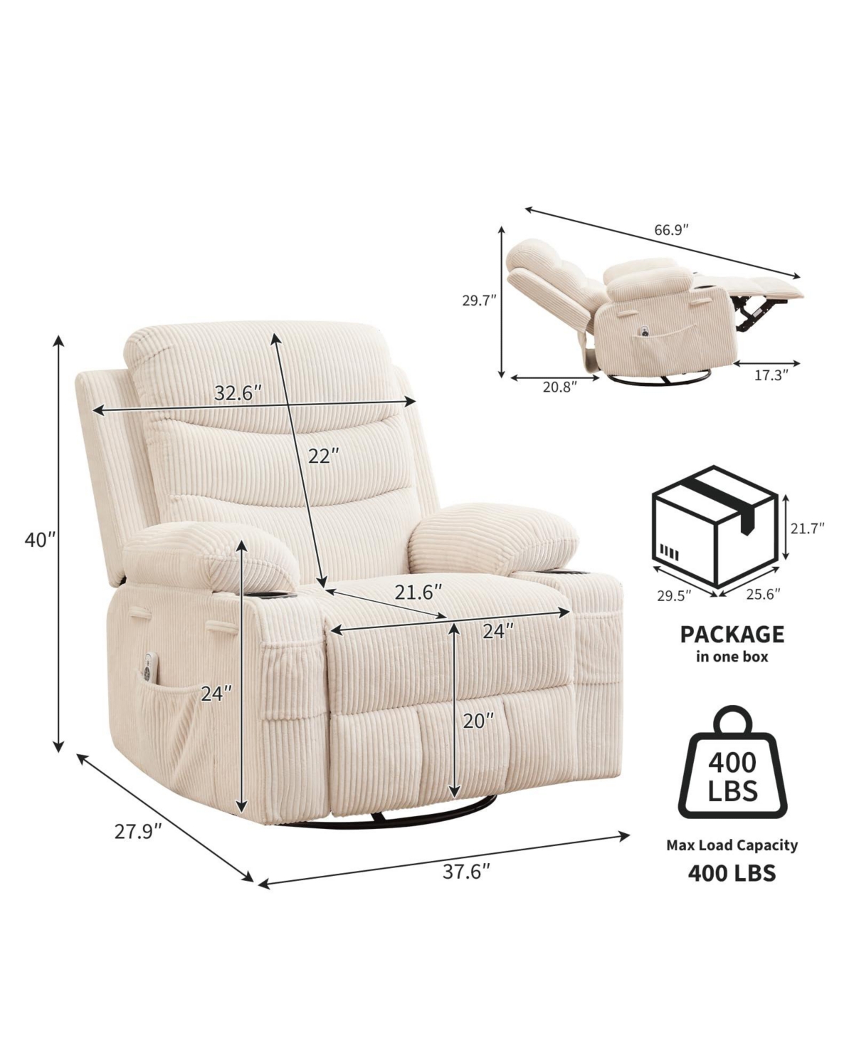 Oversized 360 Degree Swivel Glider Rocker Recliner Chair With Massage and Heating Features, Idea For Living Room, Bedroom