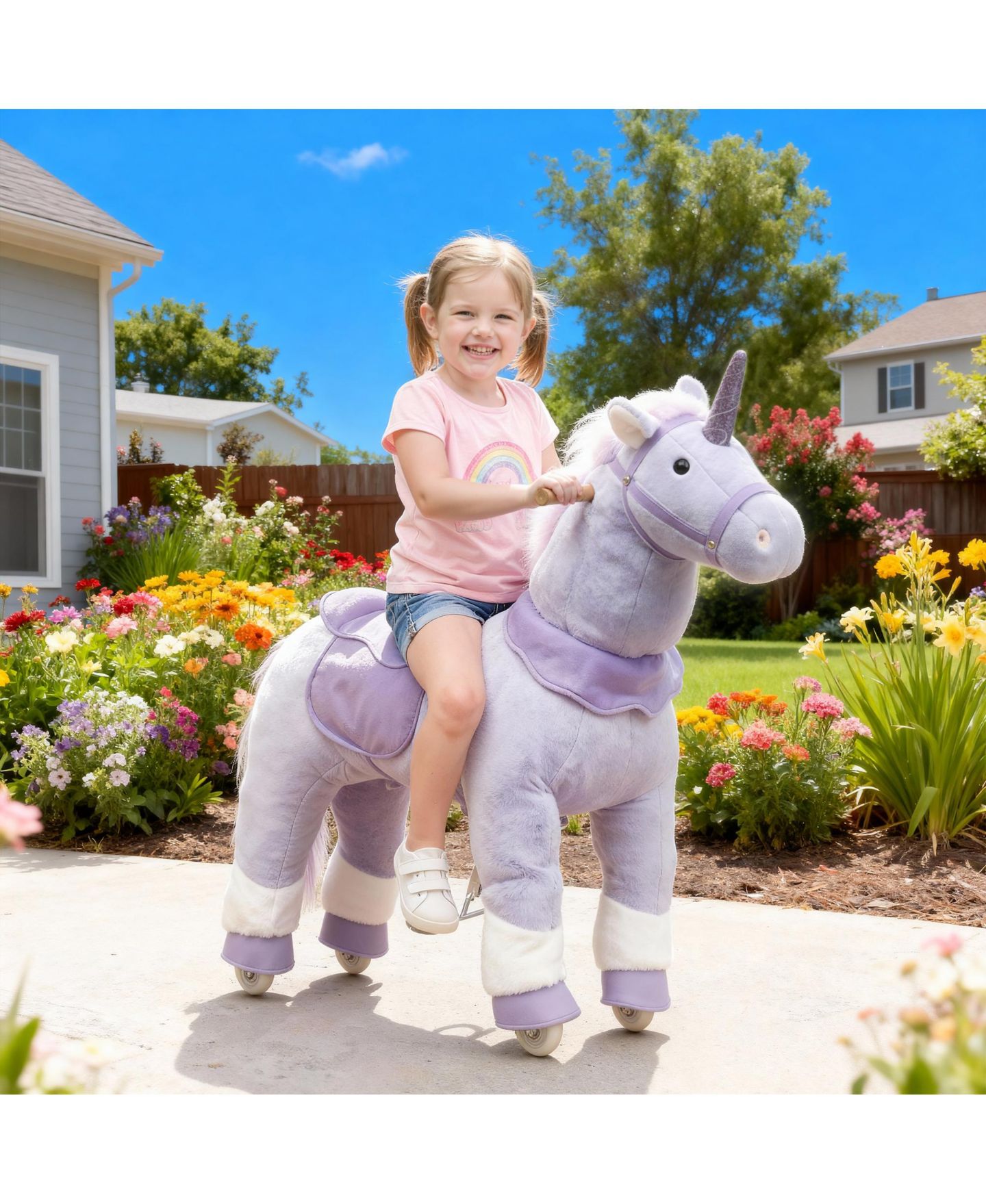 Детская мягкая игрушка Glintex Ride On Unicorn Toy for Kids 4-7, 37.8 in Plush Rocking Horse with Wheels and Pedal Drive, No Batteries Required, цвет: Фиолетовый — фото 11