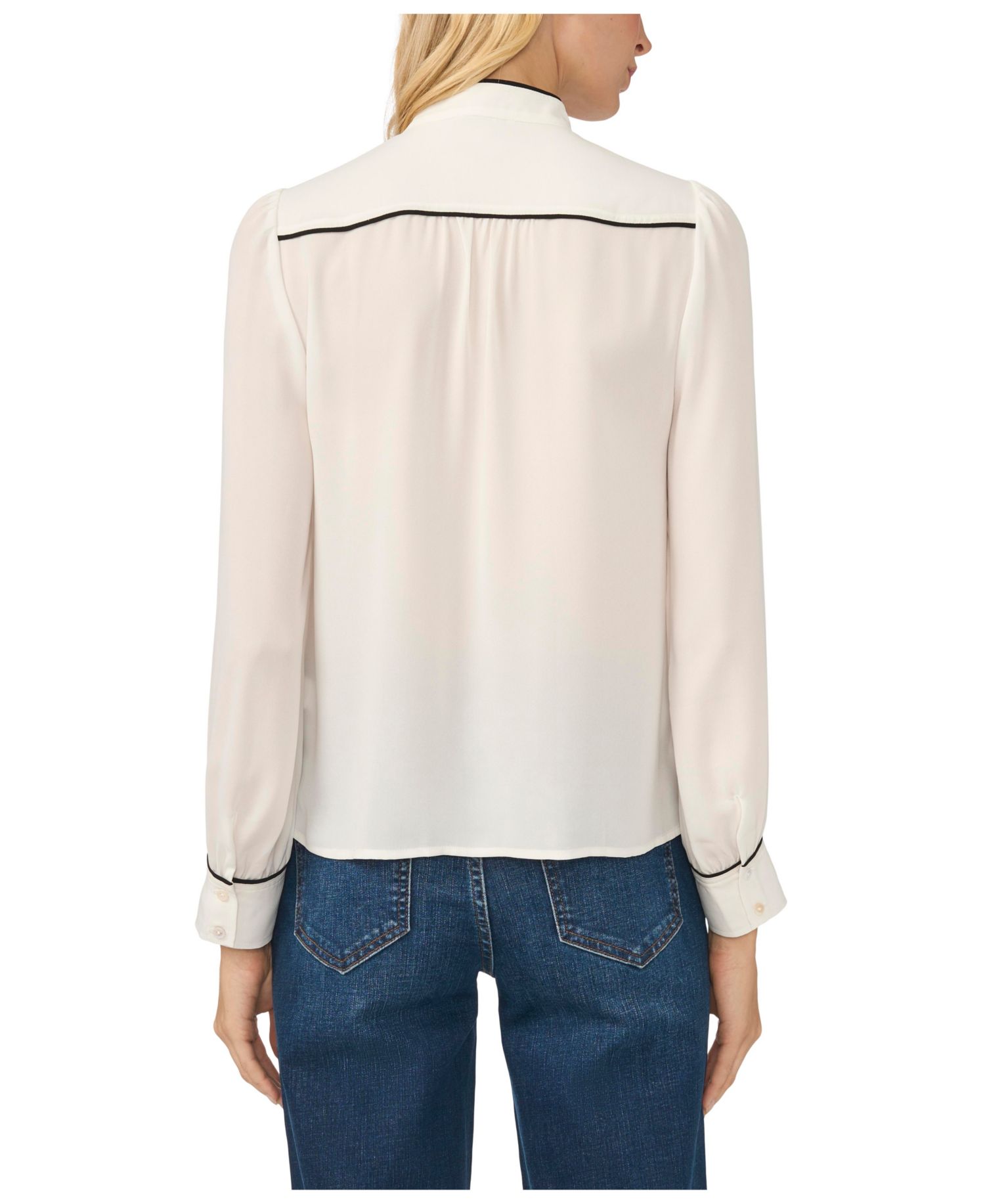 Women's Long-Sleeve Open-Collar Blouse with Contrast Piping