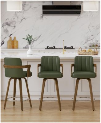29" Mid-Century Swivel Bar Height Stools, High Back Faux Leather Bar Stools