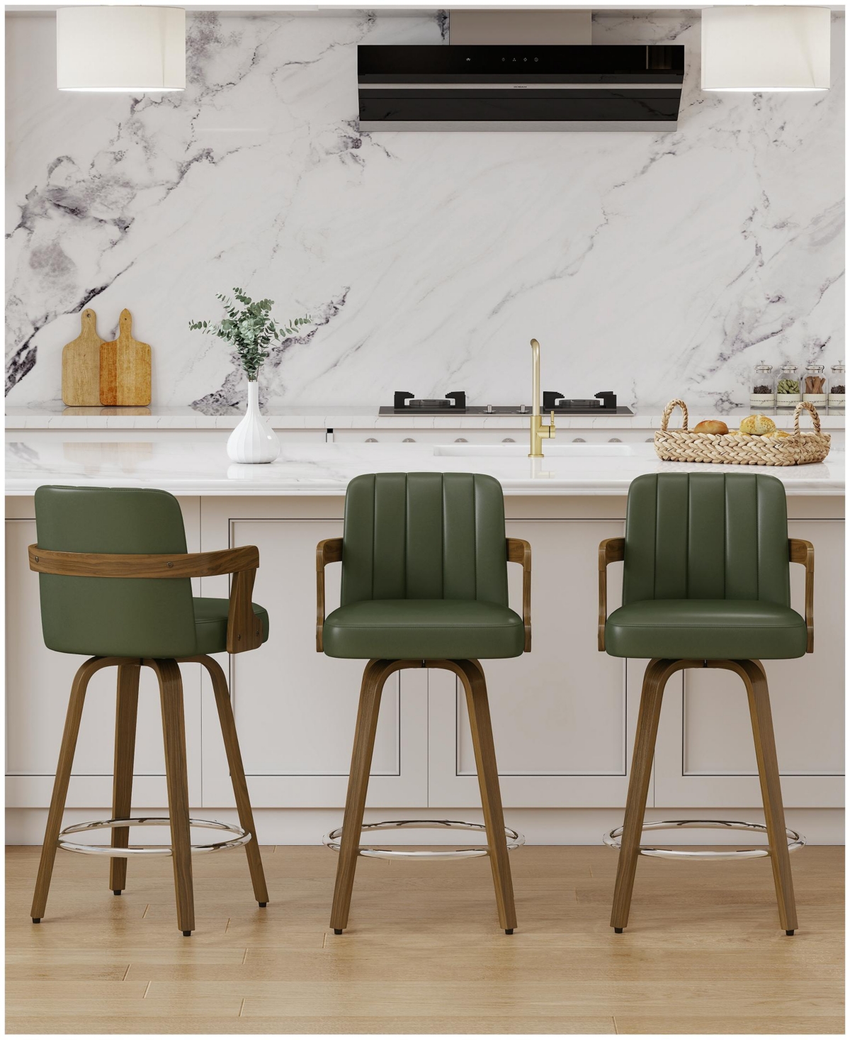 Bekrvio 29" Mid-Century Swivel Bar Height Stools, High Back Faux Leather Bar Stools - Pu green