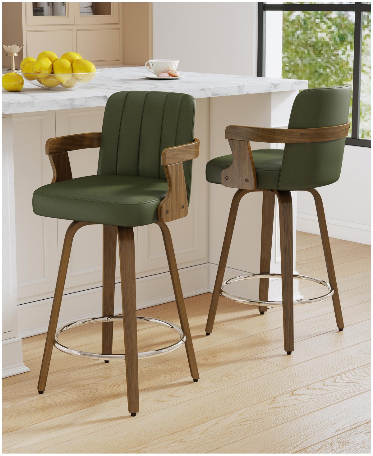Bekrvio 29" Mid-Century Swivel Bar Height Stools, High Back Faux Leather Bar Stools - Pu green