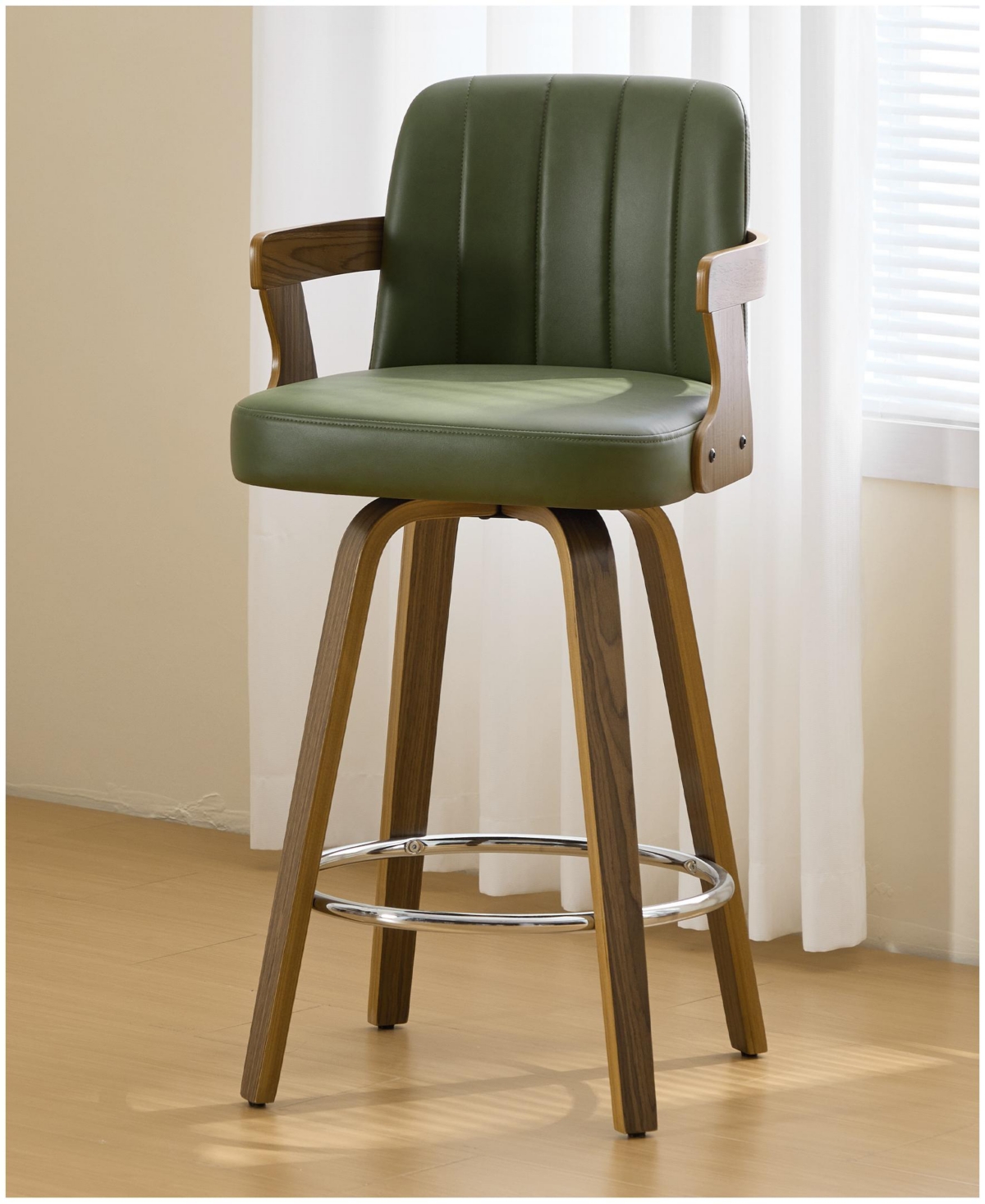 Bekrvio 29" Mid-Century Swivel Bar Height Stools, High Back Faux Leather Bar Stools - Pu green