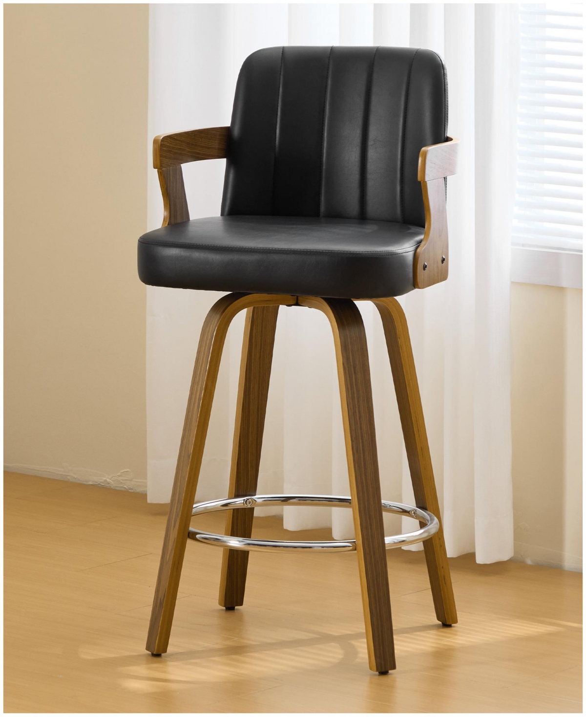Bekrvio 29" Mid-Century Swivel Bar Height Stools, High Back Faux Leather Stools