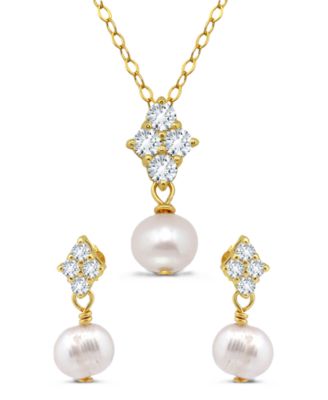 Sterling Silver Cubic Zirconia and Freshwater Pearl Drop & Chandelier Necklace and Earrings, 2-Piece Set