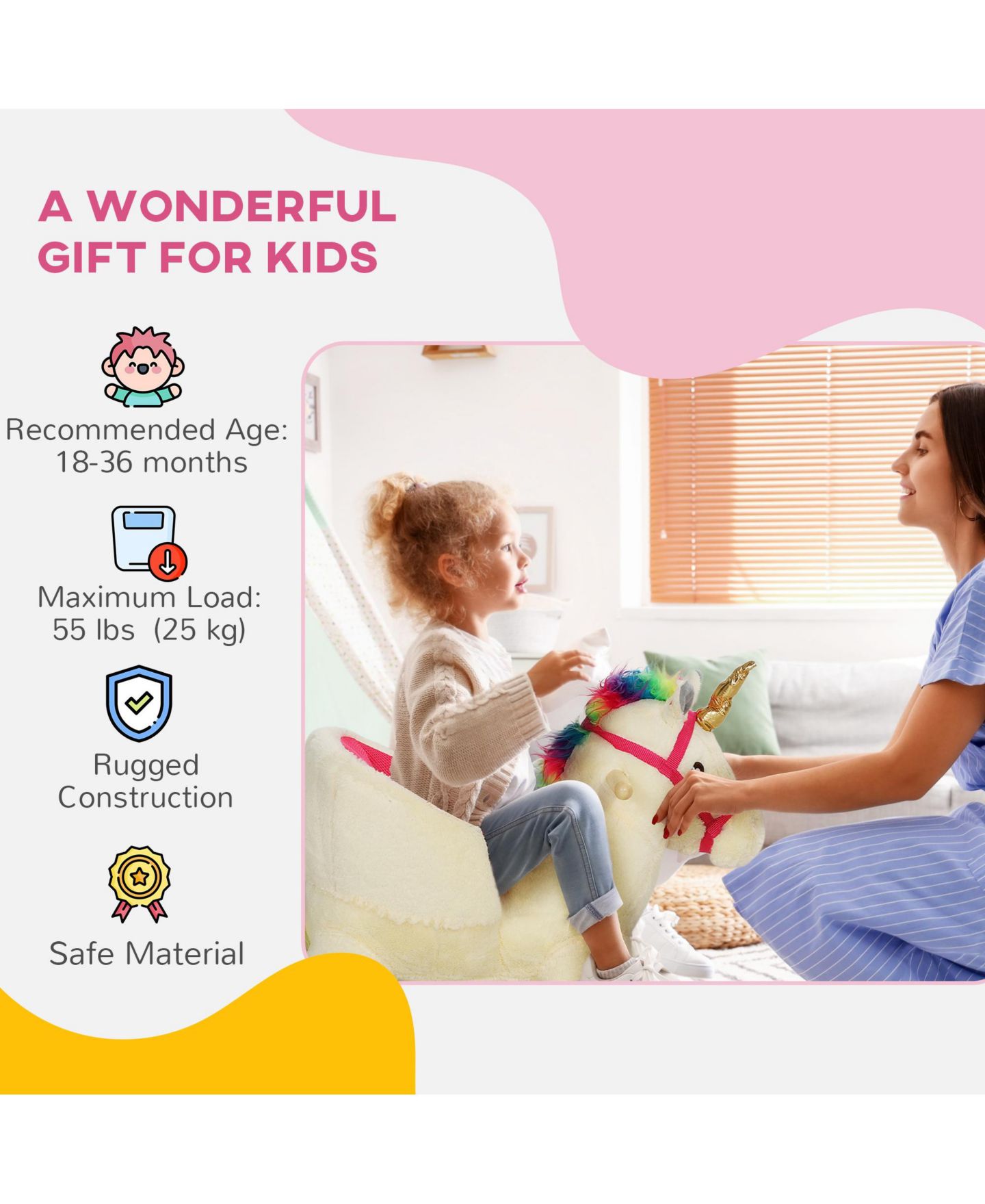 Детская игрушка Glintex Unicorn Rocking Horse with Realistic Sounds, 26.8"L, 55-lb Capacity, Ages 18-36 Months, цвет: Кремовый белый — фото 8