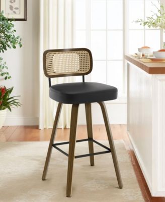 26" Mid-Century Swivel Counter Height Bar Stools, Rattan Back and Faux Leather Kitchen Stools
