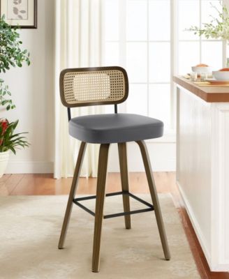 26" Mid-Century Swivel Counter Height Bar Stools, Rattan Back and Faux Leather Kitchen Stools