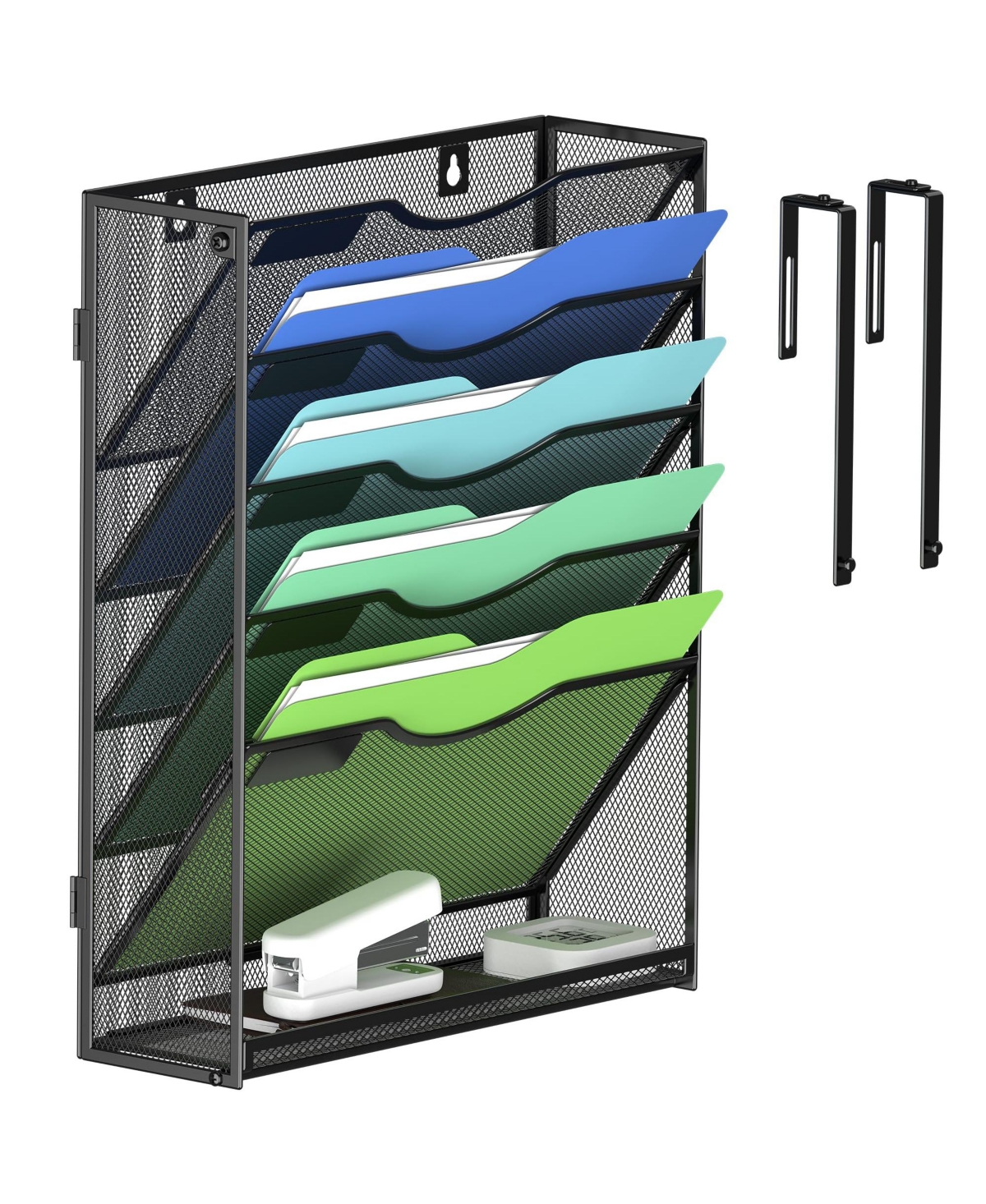 Four Candies Wall File Organizer 5 Vertical Pockets Metal Wall Mounted Holder - Black 6 tier  hangers