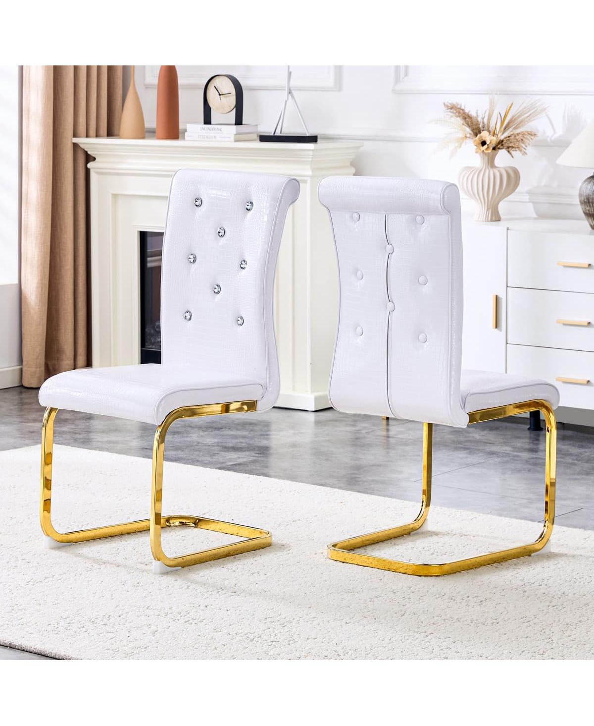 Maison Boucle Crystal Tufted Dining Chairs Set of 2, Faux Leather Upholstery, Retro Alligator Texture, Gold-Finish Metal Legs - White