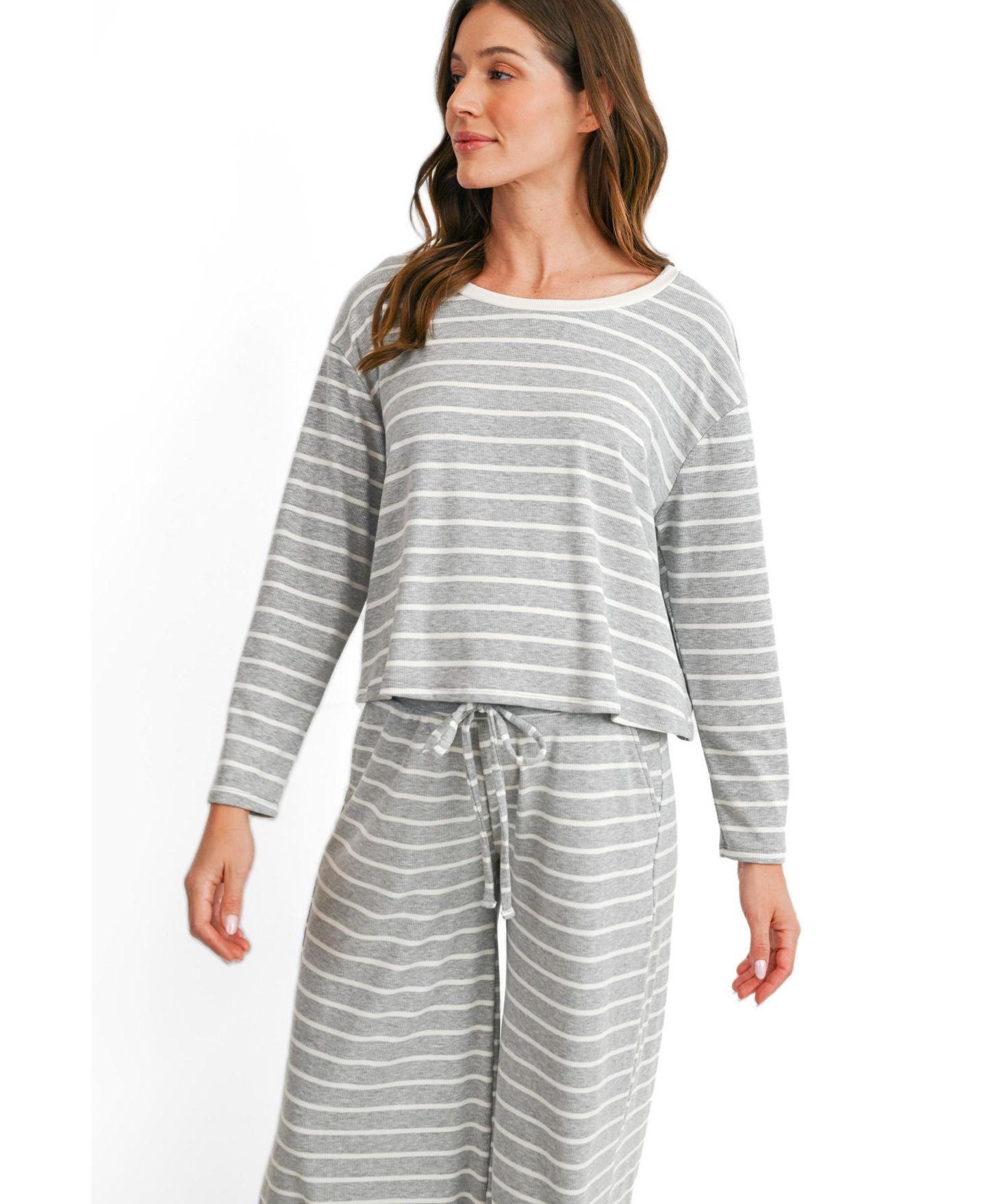 Женский комплект Hello Miz Maternity Striped Long-Sleeve Wide-Leg Top and Pants, 2-Piece Set, цвет: Меланжевый серый / Молочный белый — фото 2