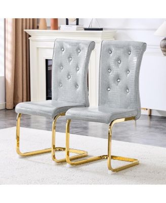 Crystal Tufted Dining Chairs Set of 2, Faux Leather Upholstery, Retro Alligator Texture, Gold-Finish Metal Legs