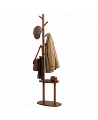 Coat Rack with 8 Rubber Wood Hooks and 2 Storage Shelves